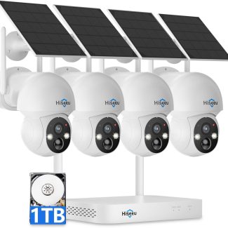 Hiseeu Solar Camera Wireless Outdoor, Home Security Camera System, 2.4G & 5G WiFi, Solar-Powered 4MP 4 Cam-Kit, Color Night Vision, 360° View, Pan & Tilt, 1TB HDD Local Recording, No Subscription